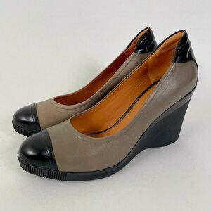 Geox Respira Spectator Pump Wedge Heels, Black/Tan Leather, Size 9.5